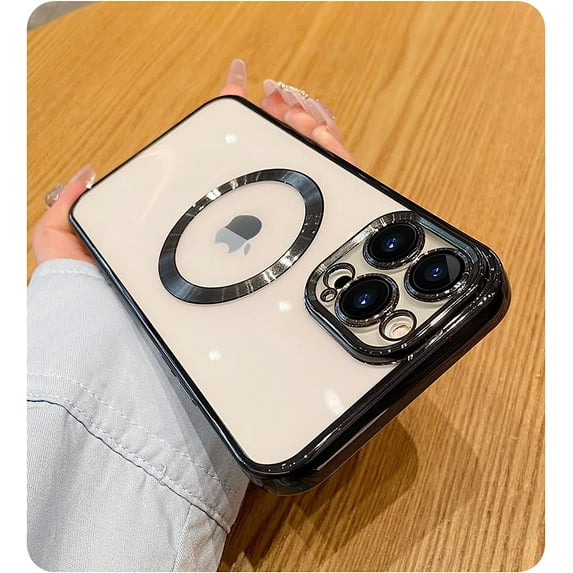 Compatible with iPhone 13 Pro Max Magnetic Clear Case,Luxury Plating Bling Transparent Shockproof MagSafe Case with Full Camera Lens Protector for iPhone 13 Pro Max Women Girl Men-Black