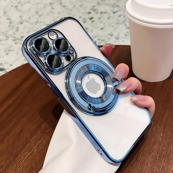 Compatible with iPhone 13 Pro Max Magnetic Clear Kickstand Case,Luxury Plating Transparent Bracket MagSafe Case with Full Camera Lens Protector for iPhone 13 Pro Max Women Girl Men-Sky Blue