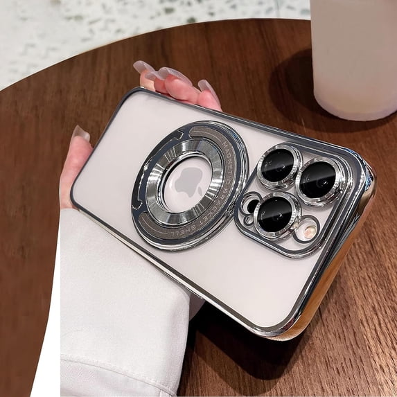 Compatible with iPhone 13 Pro Max Magnetic Clear Kickstand Case,Luxury Plating Transparent Bracket MagSafe Case with Full Camera Lens Protector for iPhone 13 Pro Max Women Girl Men-Silver