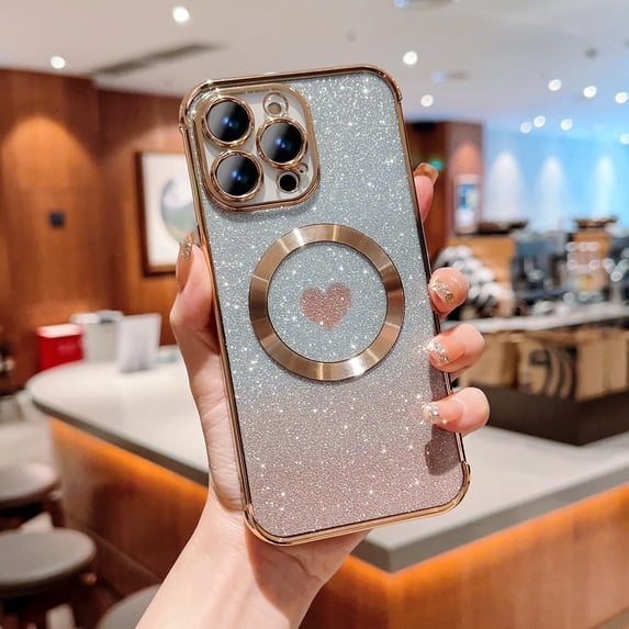 Compatible with iPhone 13 Pro Max Magnetic Glitter Bling Case, Luxury Love Heart Pattern Plating Case, Compatible with MagSafe for Women Girls Shockproof Soft Rubber TPU Back Cover, Gold