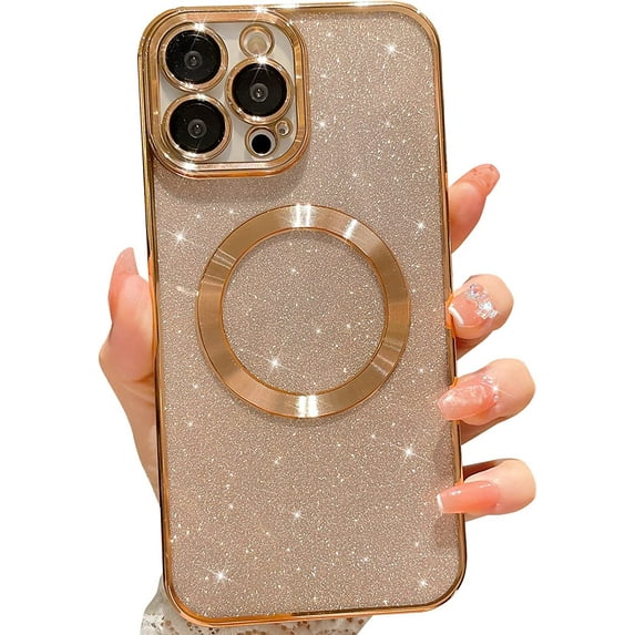Compatible with iPhone 13 Pro Max Magnetic Glitter Case, Luxury Plating Cute Bling Clear Phone Case, Compatible with MagSafe for Women Girls with Camera Protector Back Cover - Gold
