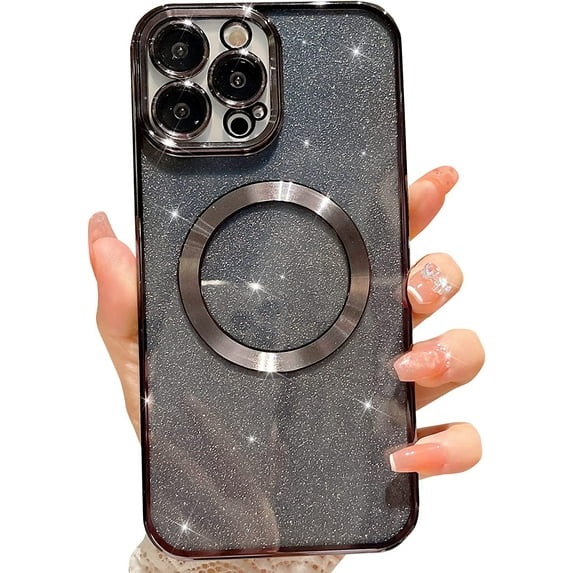 Compatible with iPhone 13 Pro Max Magnetic Glitter Case, Luxury Plating Cute Bling Clear Phone Case, Compatible with MagSafe for Women Girls with Camera Protector Back Cover - Black