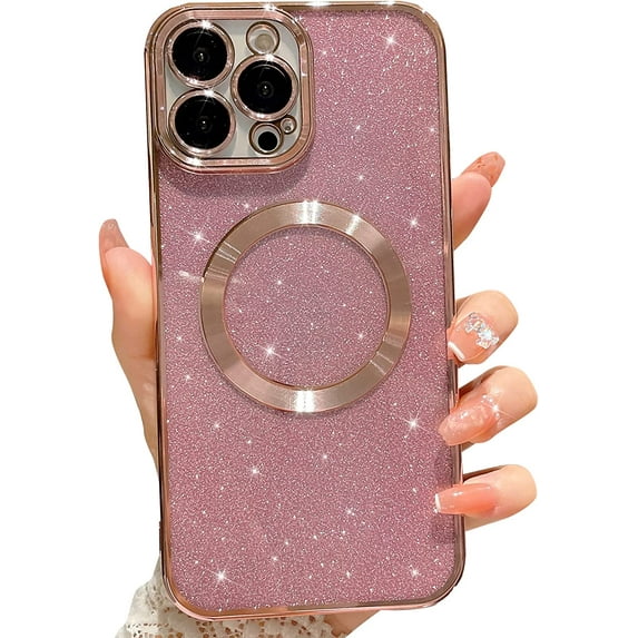 Compatible with iPhone 13 Pro Max Magnetic Glitter Case, Luxury Plating Cute Bling Clear Phone Case, Compatible with MagSafe for Women Girls with Camera Protector Back Cover - Pink