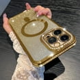 thumbnail image 1 of Compatible with iPhone 13 Pro Max Magnetic Gradient Glitter Case Luxury Plating Rhinestone Bling Soft TPU Clear Sparkle Case with MagSafe and Camera Lens Protection for Women Girls-Gold, 1 of 13