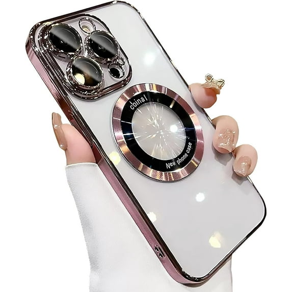 Compatible with iPhone 13 Pro Max Magnetic Transparent Case,Luxury Plating Bling Clear Shockproof MagSafe Case with Full Camera Len Protector for iPhone 13 Pro Max Women Girl Men-Elegant Pink