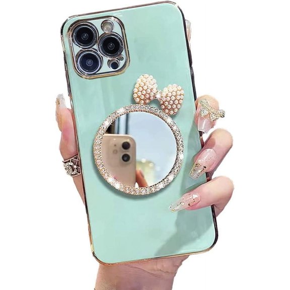 Compatible with iPhone 13 Pro Max Mirror Case Pearl Bow Diamond Round Makeup Mirror for Women Girls Slim Soft Flexible TPU Protective Cover Case for iPhone 13 Pro Max, 6.7 Inch Green