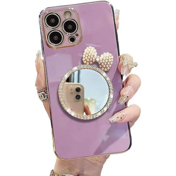 Compatible with iPhone 13 Pro Max Mirror Case Pearl Bow Diamond Round Makeup Mirror for Women Girls Slim Soft Flexible TPU Protective Cover Case for iPhone 13 Pro Max, 6.7 Inch Purple