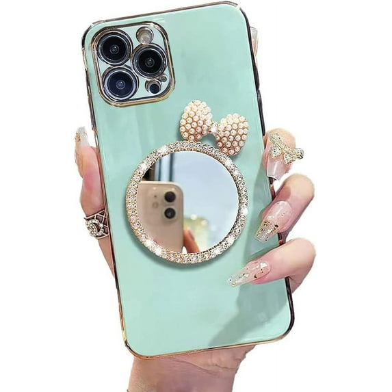 Compatible with iPhone 13 Pro Max Mirror Case Pearl Bow Diamond Round Makeup Mirror for Women Girls Slim Soft Flexible TPU Protective Cover Case for iPhone 13 Pro Max, 6.7 Inch Green