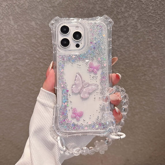 Compatible with iPhone 13 Pro Max Phone Case,3-in-1 Design,With Cute Beads Wrist Strap,Luxury Bling Glitter Bavck,Resin Butterflies,For Women Girls,Shockproof Transparent Phone Case,Silver