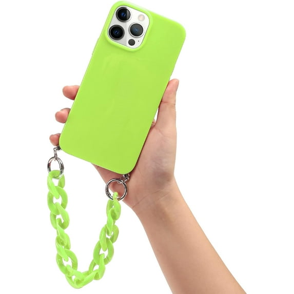 Compatible with iPhone 13 Pro Max Plain Color Case with Bracelet Strap, Phone Case with Detachable Lanyard Adjustable Rope Slim Glossy Soft Shockproof Protective Bumper Shell Phone Cover Green