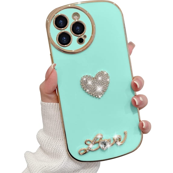 Compatible with iPhone 13 Pro Max Plating Heart Diamond Case Bling Glitter Crystal Rhinestones Cover Fashion Luxury Love Gemstone Design Camera Protective for Women Girls Girly