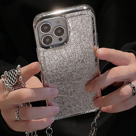 Compatible with iPhone 13 Pro Max Pleated Crossbody Case Bracelet Chain Wrist Strap Bling Electroplated Sparkly Fashion Bumper Shockproof Protective Cover for Girls Women Sliver