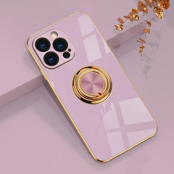 Compatible with iPhone 13 Pro Max Ring Holder Stand Case Glitter Plating Rose Gold Edge 360 Rotation Kickstand for Women Slim Soft Flexible TPU Protective Cover Case - 6.7 Inch (2021), Purple