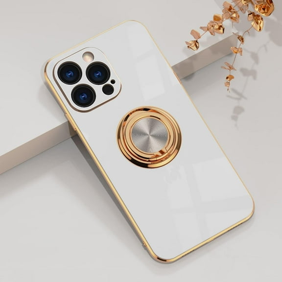 Compatible with iPhone 13 Pro Max Ring Holder Stand Case Glitter Plating Rose Gold Edge 360 Rotation Kickstand for Women Slim Soft Flexible TPU Protective Cover Case - 6.7 Inch (2021), White