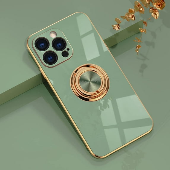 Compatible with iPhone 13 Pro Max Ring Holder Stand Case Glitter Plating Rose Gold Edge 360 Rotation Kickstand for Women Slim Soft Flexible TPU Protective Cover Case - 6.7 Inch (2021), Green
