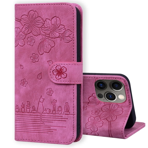 Compatible For iPhone 13 Pro Max Shockproof Flexible Stand and Flip Wallet with Wrist Strap Case, 360 Protection Luxury Cute Pattern Embossed PU Leather Cover.For iPhone 13 Pro Max,Rose