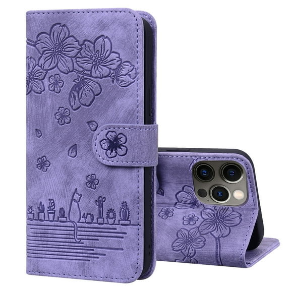 Compatible For iPhone 13 Pro Max Shockproof Flexible Stand and Flip Wallet with Wrist Strap Case, 360 Protection Luxury Cute Pattern Embossed PU Leather Cover.For iPhone 13 Pro Max,Purple