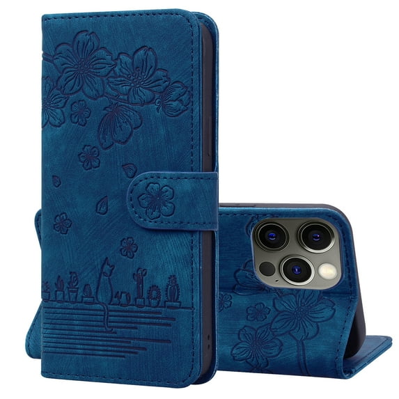 Compatible For iPhone 13 Pro Max Shockproof Flexible Stand and Flip Wallet with Wrist Strap Case, 360 Protection Luxury Cute Pattern Embossed PU Leather Cover.For iPhone 13 Pro Max,Blue