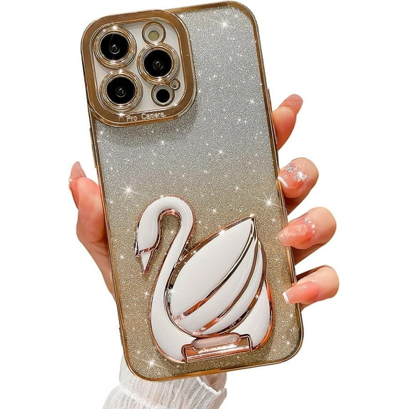 Compatible for iPhone 13 Pro Max with Stand, Bling Plating Swan Hidden Stand Case, Cute 6D Stand Glitter Phone Case for Women Girls Soft TPU Shockproof Back Cover - Gold