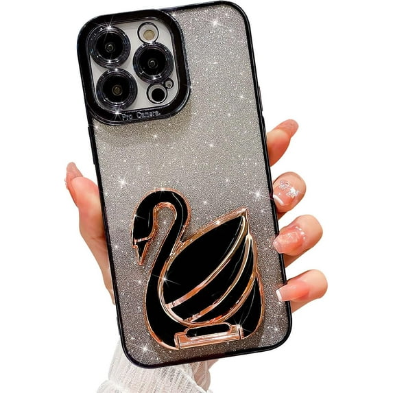 Compatible for iPhone 13 Pro Max with Stand, Bling Plating Swan Hidden Stand Case, Cute 6D Stand Glitter Phone Case for Women Girls Soft TPU Shockproof Back Cover - Black