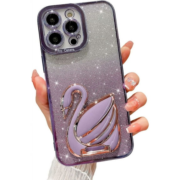 Compatible for iPhone 13 Pro Max with Stand, Bling Plating Swan Hidden Stand Case, Cute 6D Stand Glitter Phone Case for Women Girls Soft TPU Shockproof Back Cover - Purple