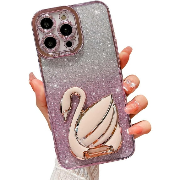 Compatible for iPhone 13 Pro Max with Stand, Bling Plating Swan Hidden Stand Case, Cute 6D Stand Glitter Phone Case for Women Girls Soft TPU Shockproof Back Cover - Pink