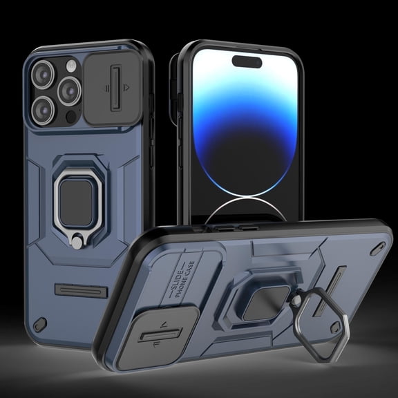 Compatible with iPhone 13 Pro Max Stand Case with Slide Camera Cover Military Grade Heavy Duty Rugged Full Body Shockproof Protection Built-in Ring Kickstand Hard Back Case, Blue