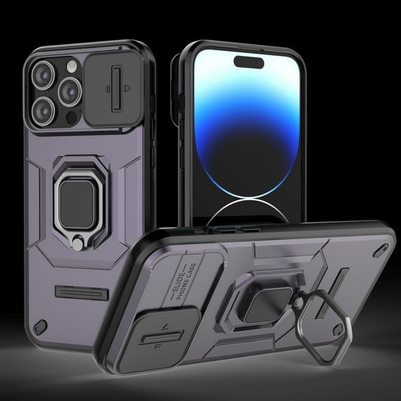 Compatible with iPhone 13 Pro Max Stand Case with Slide Camera Cover Military Grade Heavy Duty Rugged Full Body Shockproof Protection Built-in Ring Kickstand Hard Back Case, Purple