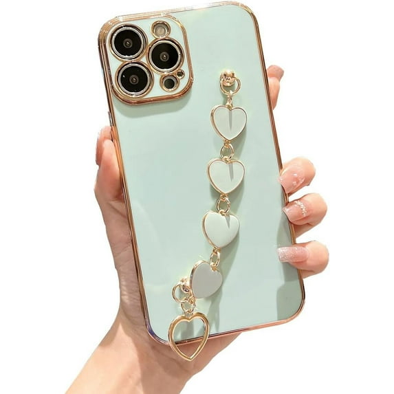 Compatible with iPhone 13 Pro Max Thin for Women Girls,Luxury Plating Soft TPU Case with Love Heart Chain Bracelet Strap Shiny Cute Pretty Protective Cover for Apple iPhone 13 Pro Max 6.7"
