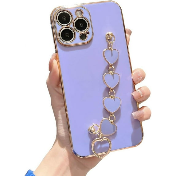 Compatible with iPhone 13 Pro Max Thin for Women Girls,Luxury Plating Soft TPU Case with Love Heart Chain Bracelet Strap Shiny Cute Pretty Protective Cover for Apple iPhone 13 Pro Max 6.7"