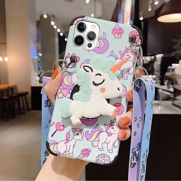Compatible with iPhone 13 Pro Max Unicorn Case 3D Cute Cartoon Funny Animal Kawaii with Laryard & Stand Protective TPU and IMD Anti-Slip for Women Girls Case 6.7 inch Green QL3348-i13PM-1