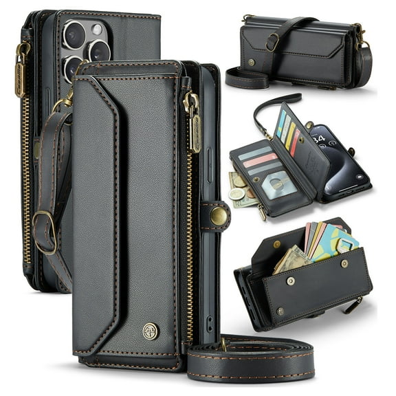 Compatible with iPhone 13 Pro Max Wallet Case, 10 Card Slots & 1 Zipper Coin Pocket & 1 Cash Slot & 1 Cash Pocket & Lanyard & Crossbody Strap & Kickstand & RFID Blocking Phone Case, Black