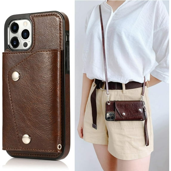 Compatible with iPhone 13 Pro Max Wallet Case with Card Holder Crossbody Neck Strap Lanyard Handbag Wrist Strap Purse for Women PU Leather Flip Case with Credit Card Kickstands Stand Case Brown