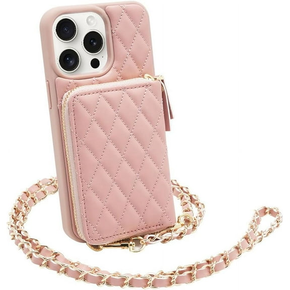 Compatible with iPhone 13 Pro Max Wallet Case Crossbody Leather Card Holder with Wrist Strap Protective Bumper Case Compatible with iPhone 13 Pro Max, 6.7 Inch Pink