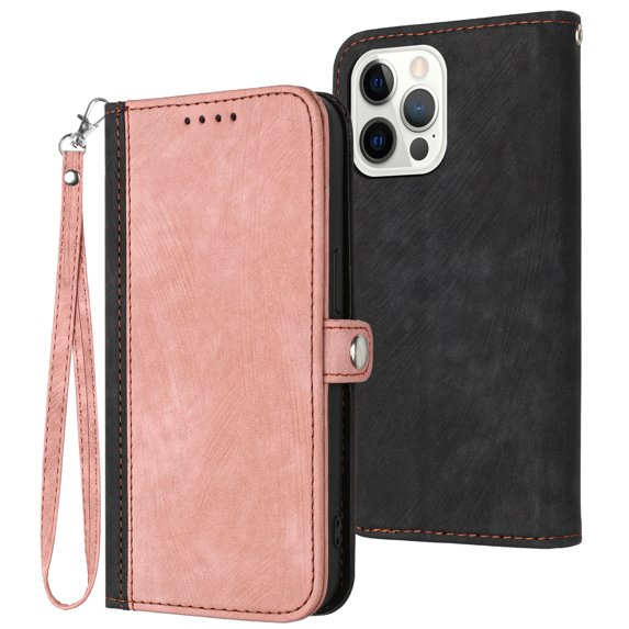 Compatible With iPhone 13 Pro Max Wallet Case Full Coverage Dustproof Built-in Magnet Closure Kickstand Shockproof Card Pocket Wristband Strap Phone Cover for Women or Men,Pink