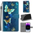 thumbnail image 1 of Compatible with iPhone 13 Pro Max Wallet Case for Men Women, Premium PU Leather Flip Cover with Card Holder, Wrist Strap, Kickstand Shockproof Magnetic Clasp Phone Case, Two Green Butterflies, 1 of 10
