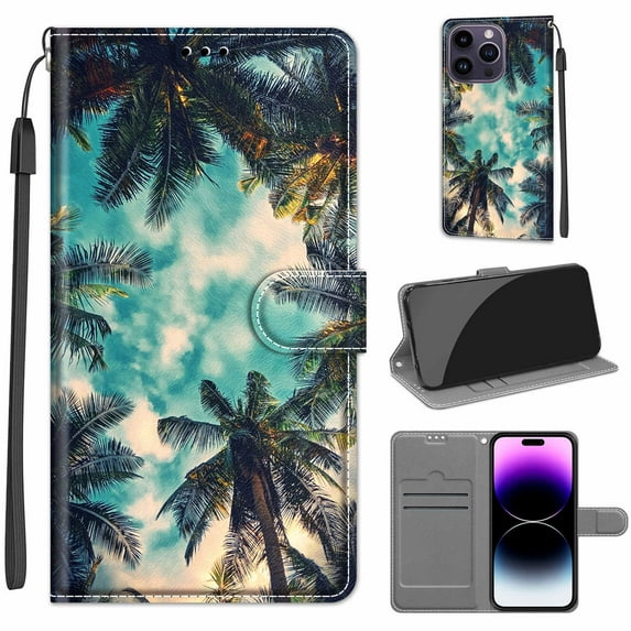Compatible with iPhone 13 Pro Max Wallet Case for Men Women, Premium PU Leather Flip Cover with Card Holder, Wrist Strap, Kickstand Shockproof Magnetic Clasp Phone Case, Coconut Tree
