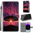 thumbnail image 1 of Compatible with iPhone 13 Pro Max Wallet Case for Men Women, Premium PU Leather Flip Cover with Card Holder, Wrist Strap, Kickstand Shockproof Magnetic Clasp Phone Case, Black Tree + Sunset, 1 of 10