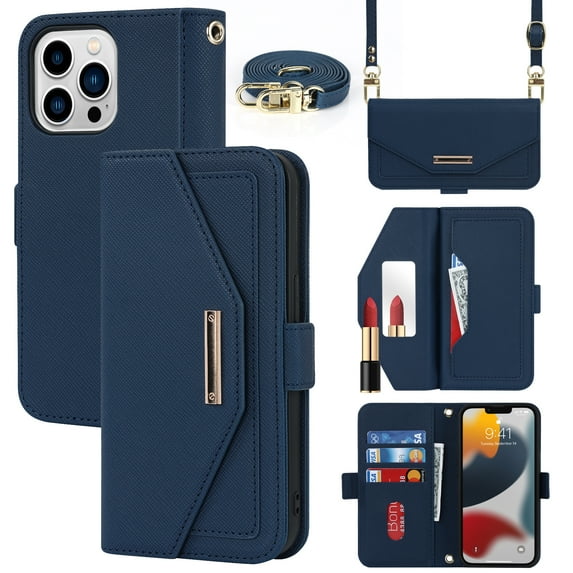 Compatible with iPhone 13 Pro Max Wallet Case, Premium PU Leather Card Slots Removable Adjustable Crossbody Strap Magnetic Leather Case with Kickstand & Make-up Mirror for iPhone 13 Pro Max,Blue