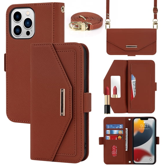 Compatible with iPhone 13 Pro Max Wallet Case, Premium PU Leather Card Slots Removable Adjustable Crossbody Strap Magnetic Leather Case with Kickstand & Make-up Mirror for iPhone 13 Pro Max,Brown