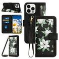 thumbnail image 1 of Compatible with iPhone 13 Pro Max Wallet Case for Women, Shoulder Strap + Wristband Premium PU Leather Floral Flip Cover with Card Holder Kickstand Feature Protective Purse Case, Black, 1 of 9