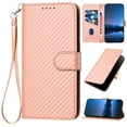 thumbnail image 1 of Compatible with iPhone 13 Pro Max Wallet Case, with Wrist Strap Carbon Fiber Texture PU Leather Flip Card Holder Stand Phone Cover for iPhone 13 Pro Max Women Men, Pink, 1 of 9