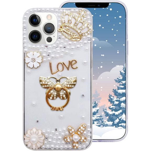 Compatible with iPhone 13 Pro Max Women Girl Pearl Flowers Case Luxury Bling Glitter Diamond Crown Love Shiny Sparkle Butterfly, 6.7 inch, QL3246-i13PM-1