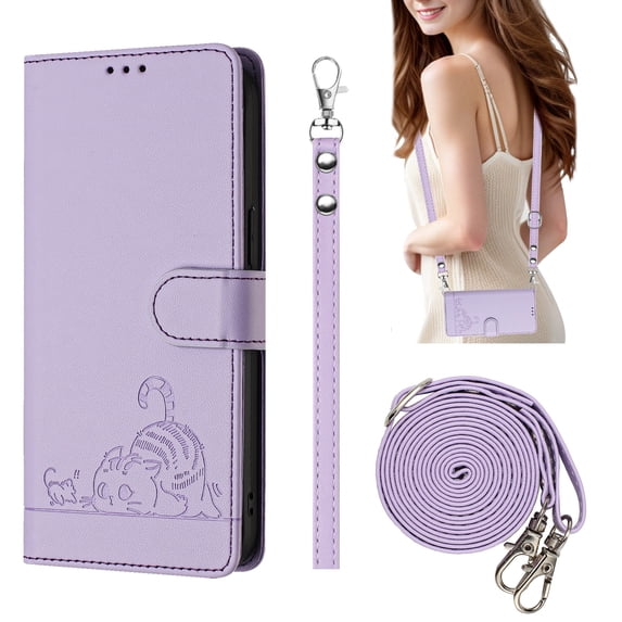Compatible with iPhone 13 Pro Max Wrist Strap, Crossbody Strap, Lovely Cat Embossed PU Leather Flip Card Holder Stand Phone Cover for iPhone 13 Pro Max Case Women Girls with RFID Blocking - Purple