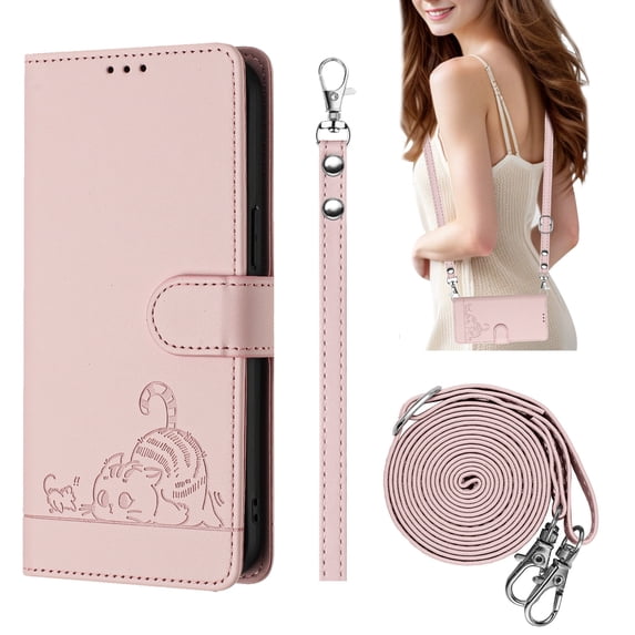 Compatible with iPhone 13 Pro Max Wrist Strap, Crossbody Strap, Lovely Cat Embossed PU Leather Flip Card Holder Stand Phone Cover for iPhone 13 Pro Max Case Women Girls with RFID Blocking - Pink