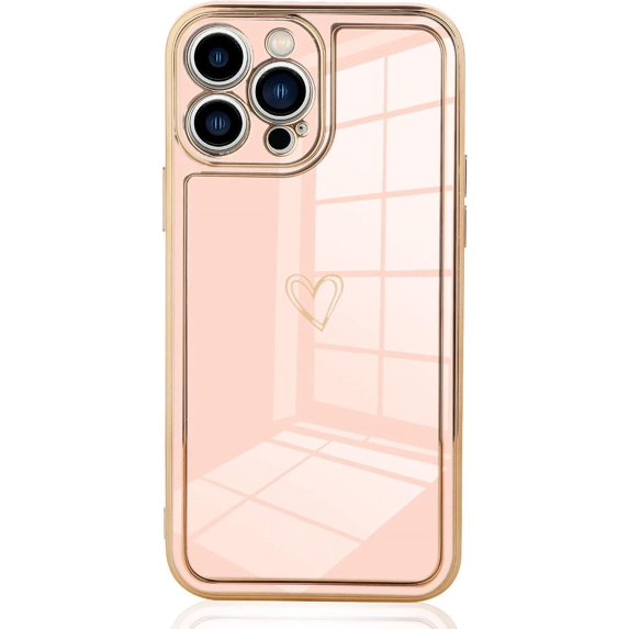 Compatible iPhone 13 Pro Max case for Women 6.1" 2021, Soft TPU Shockproof Camera Case Luxury Plating Heart for iPhone 13 Pro Max case (Pink)