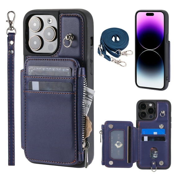 Compatible with iPhone 13 Pro PU Leather Clasp Flip Zipper Purse Case, with Shoulder Strap Lanyard for Women Credit Card Holder Cell Accessories Phone Cover for iPhone 13 Pro, Blue
