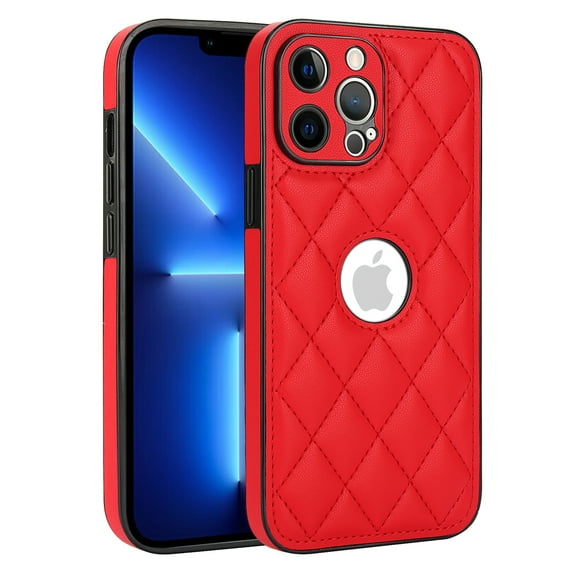 Compatible WIth iPhone 13 Pro Phone Case with Logo Window,Trendy Diamond-checkered Pattern PU Leather Soft TPU Ultra Slim Anti-fall Shockproof Protective Back Cover Phone Case,Red