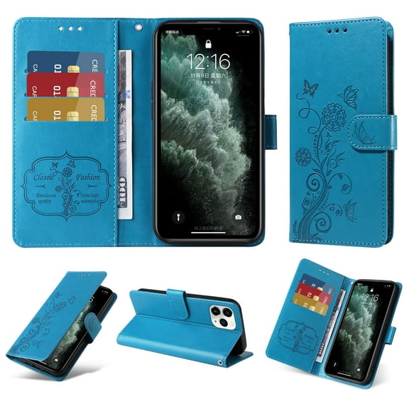 Compatible with iPhone 13 Pro Wallet Case with Card Holder & Cash Slot [RFID Blocking],Wallet Wristlet Pressed Butterfly Flower PU Leather Magnetic Flip Folio Cover for Women Men,Blue