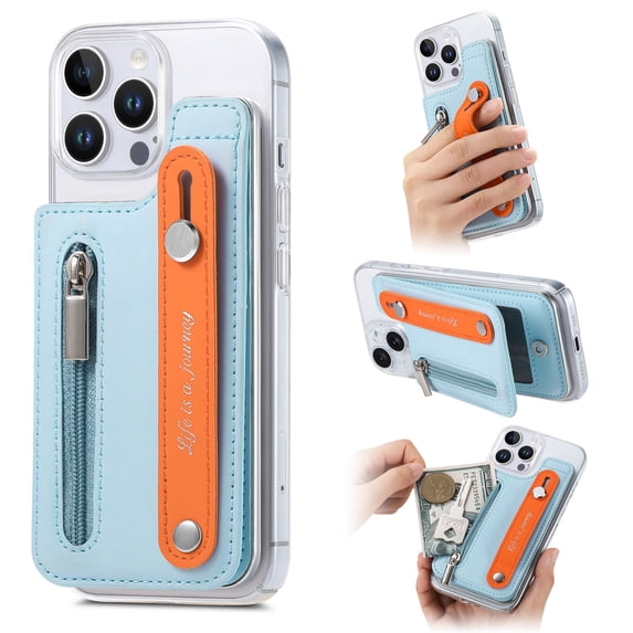Compatible for iPhone 13 Pro Wallet Case with Card Holder, PU Leather Kickstand Card Slots RFID Blocking Zipper Purse Case, Clear Transparent Wristband Durable Shockproof Cover, Skyblue